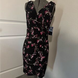 Chaps Black and Pink Floral Midi Dress